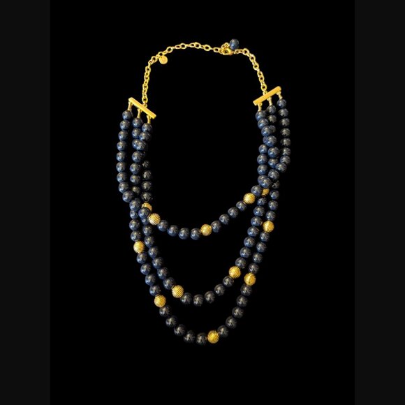 Talbots Gold Tone Dark Blue Gray Triple Layered Chunky Statement Necklace - Picture 6 of 10